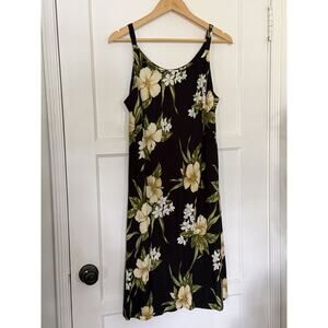 Iolani Hawaii Vintage 80s 90s Cream Black Yellow Floral Hibiscus Print Dress M